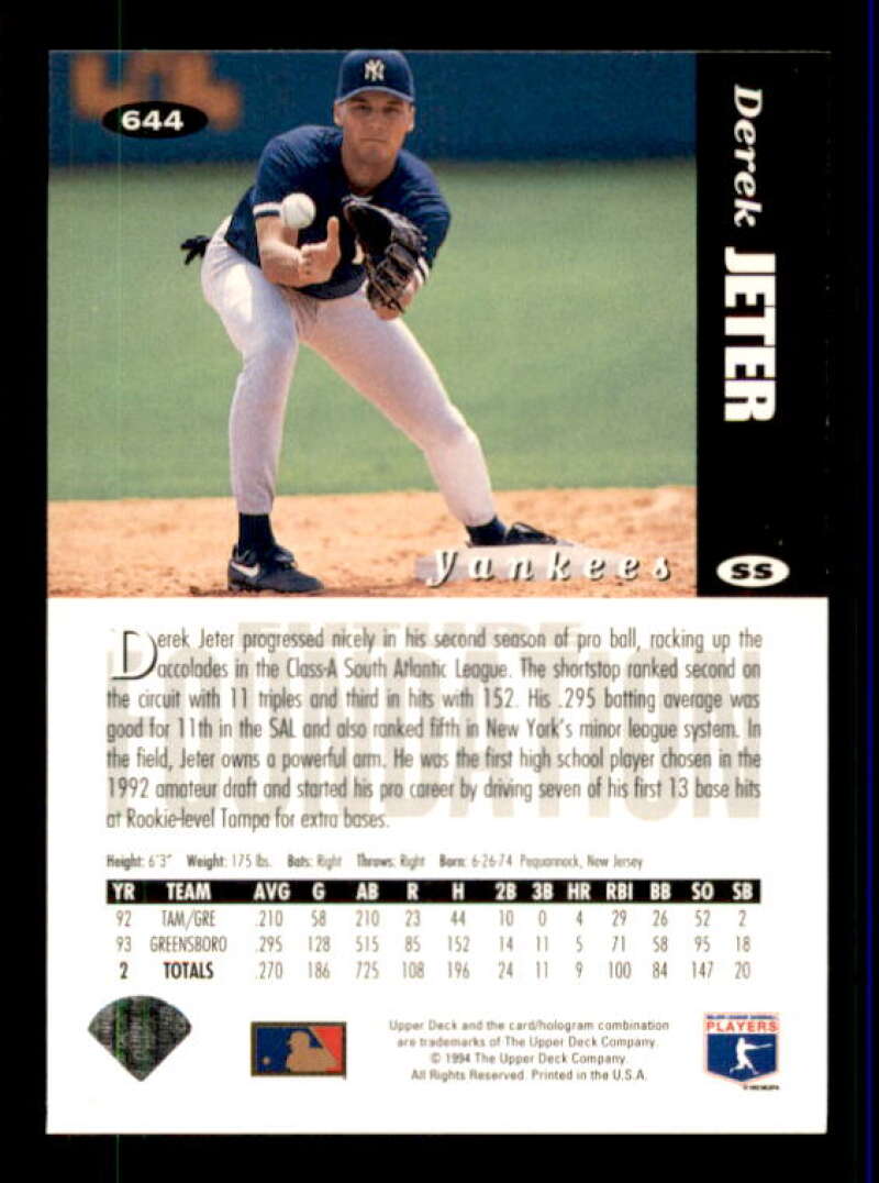 Derek Jeter Furtures Foundations Card 1994 Collector's Choice #644 Image 2