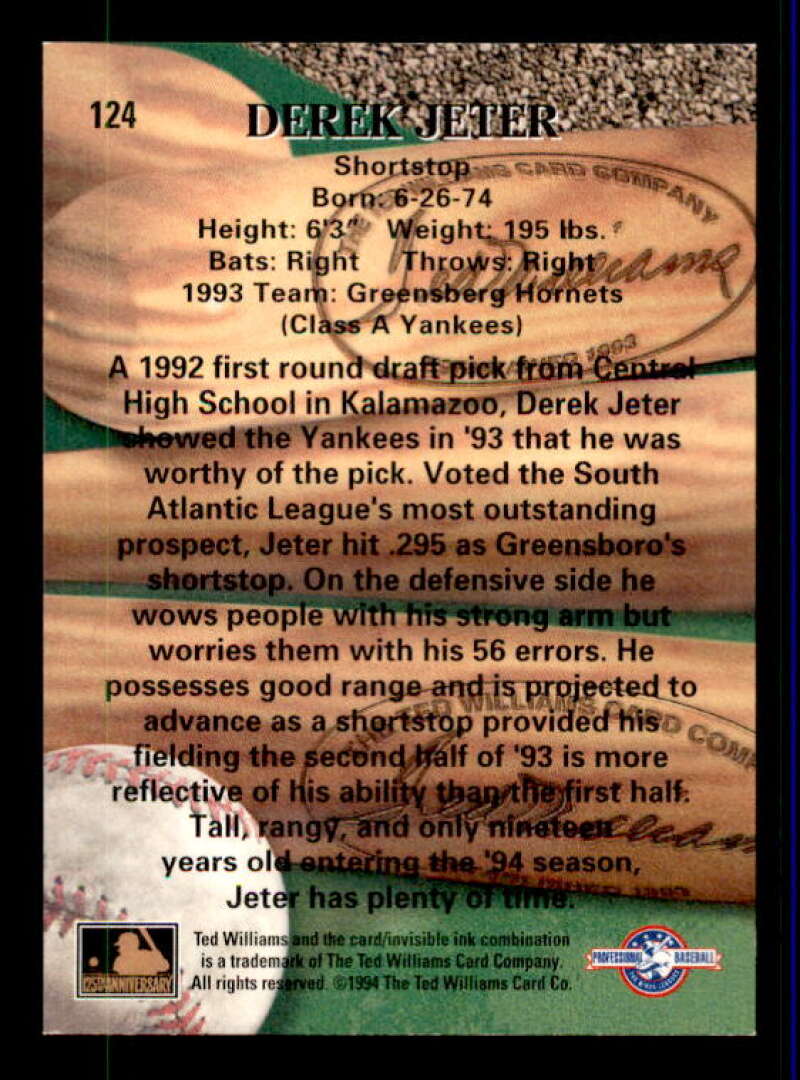 Derek Jeter Card 1994 Ted Williams #124 Image 2