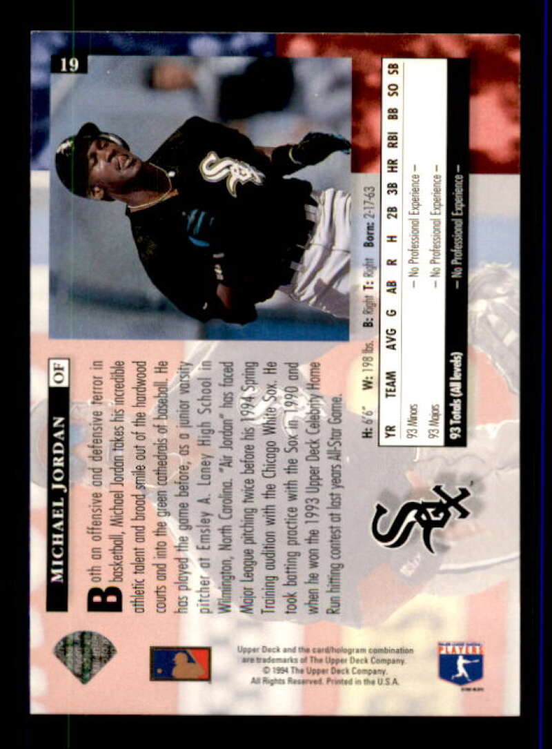 Michael Jordan Baseball Rookie Card 1994 Upper Deck #19 Image 2