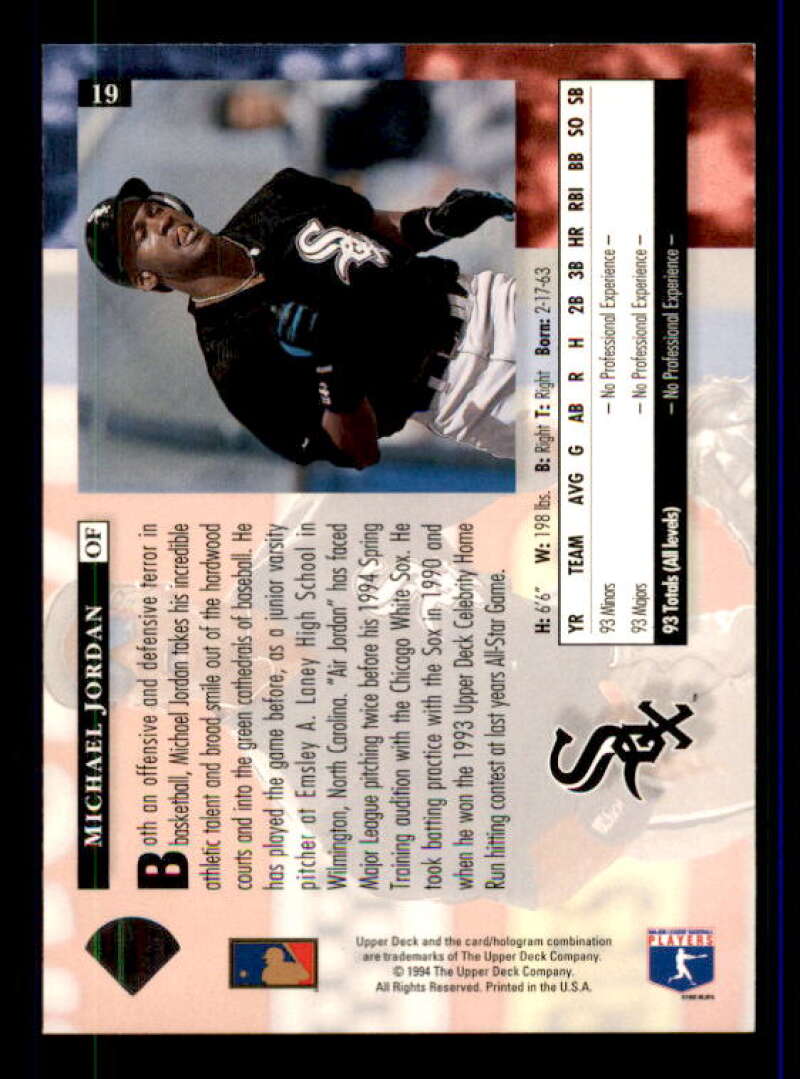 Michael Jordan Baseball Rookie Card 1994 Upper Deck #19 Image 2