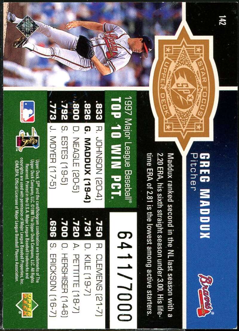 Greg Maddux SF Card 1998 SPx Finite #142 Image 2