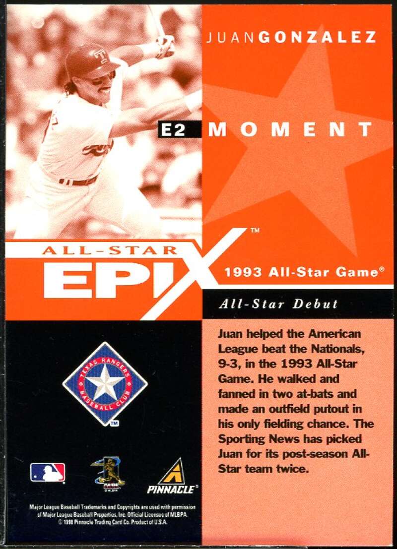 Juan Gonzalez MOM Card 1998 Pinnacle Plus All-Star Epix #2 Image 2
