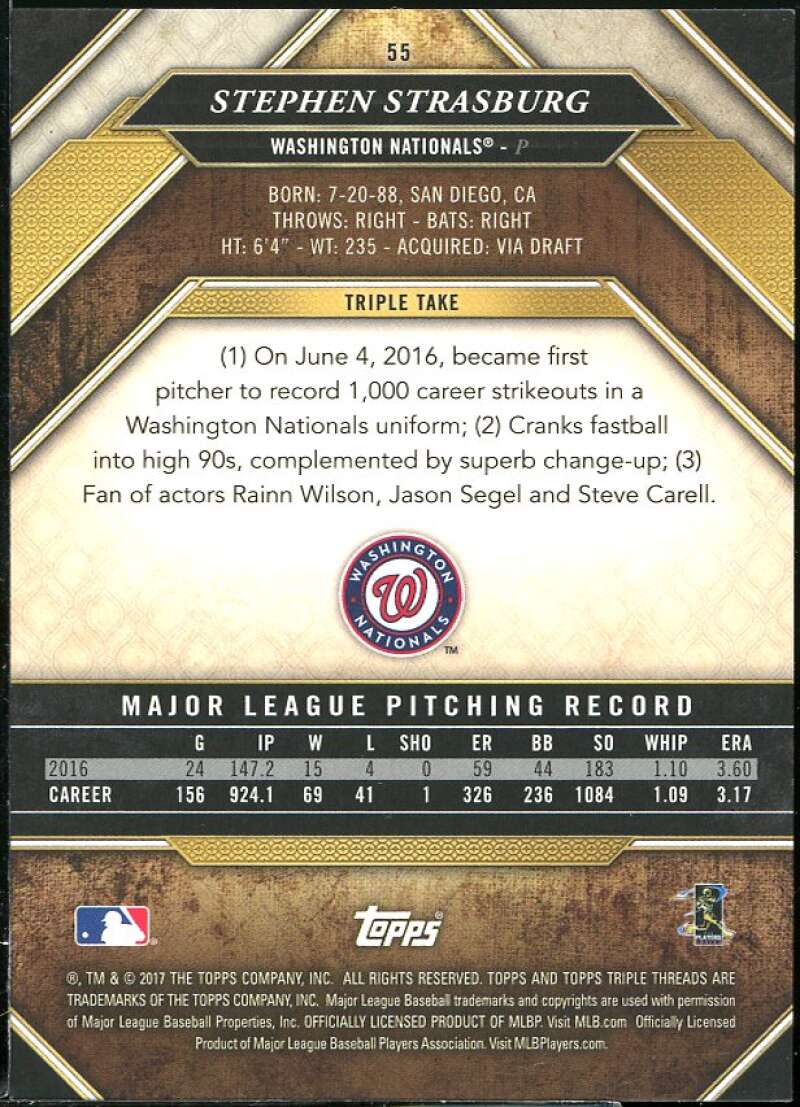 Stephen Strasburg Card 2017 Topps Triple Threads Amethyst #55 Image 2