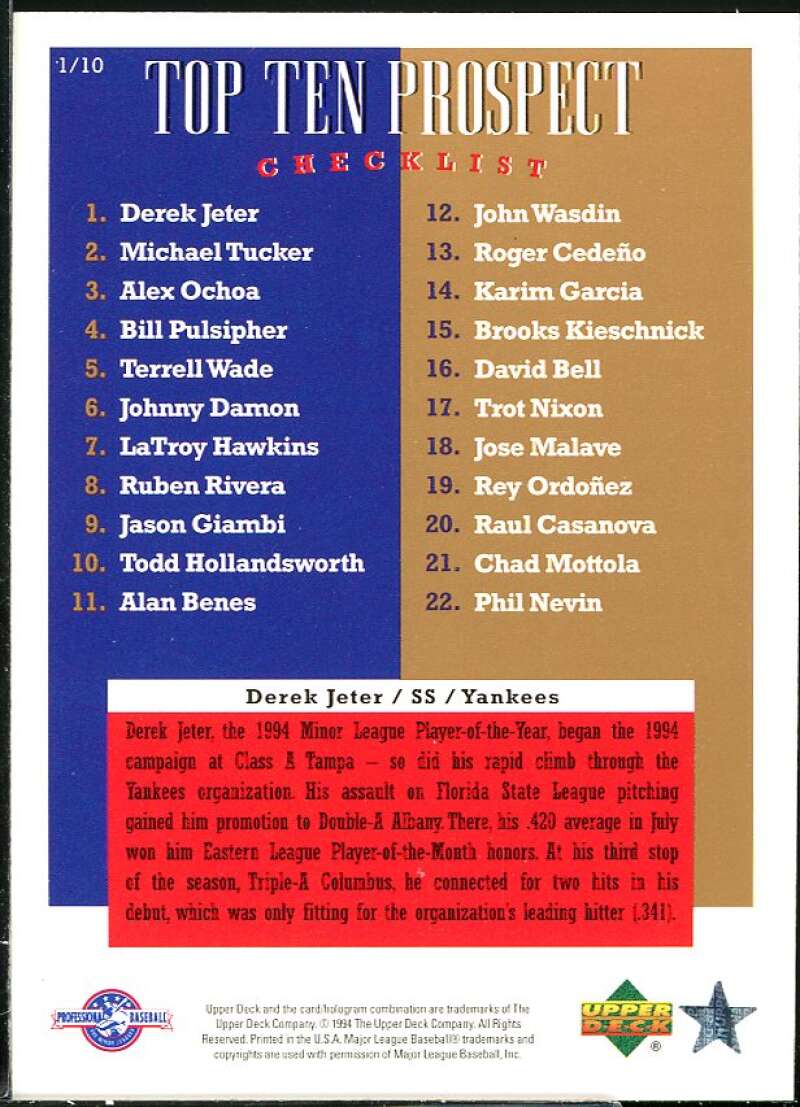 Derek Jeter Card 1995 Upper Deck Minors Top 10 Prospects #1 Image 2