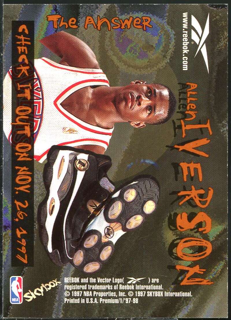 Allen Iverson Card 1997-98 SkyBox Premium Reebok Chase Gold #100 Image 2