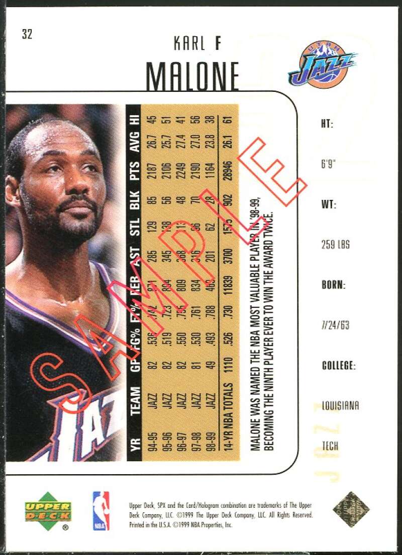 Karl Malone PROMO Card 1999-00 SPx #P32 Image 2