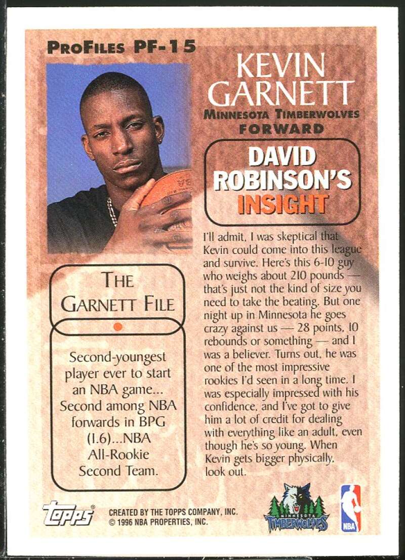 Kevin Garnett Card 1996-97 Topps Pro Files #PF15 Image 2