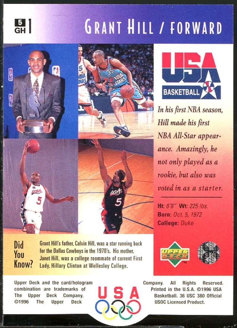 Grant Hill Card 1996 Upper Deck USA #5 Image 2