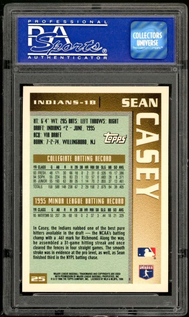 Sean Casey Rookie Card 1996 Topps #25 PSA 9 Image 2