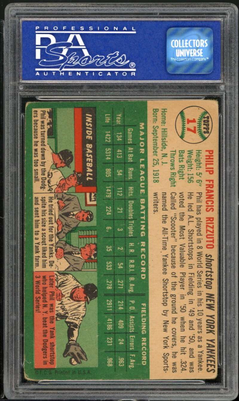 Phil Rizzuto Card 1954 Topps #17 PSA 3 Image 2