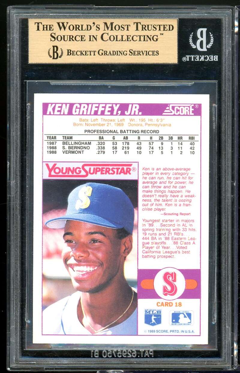 Ken Griffey Jr Rookie 1989 Score Young Superstars #18 BGS 9.5 (9.5 9 9.5 9.5) Image 2