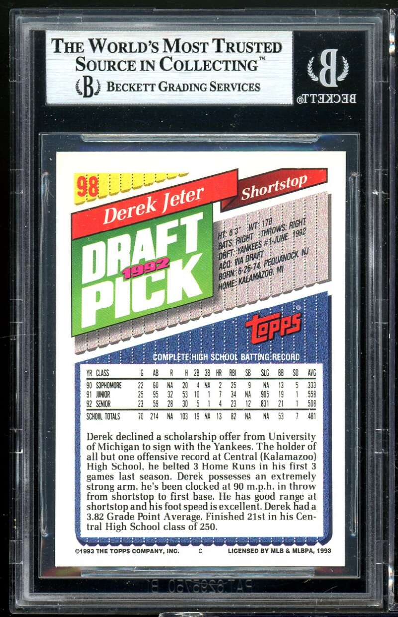 Derek Jeter Rookie Card 1993 Topps #98 BGS 9 (8.5 9 9.5 9) Image 2