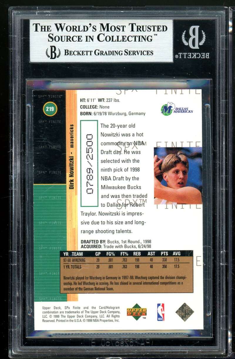 Dirk Nowitzki Rookie Card 1998-99 SPX Finite #320 BGS 9 (9.5 9 8.5 9) Image 2