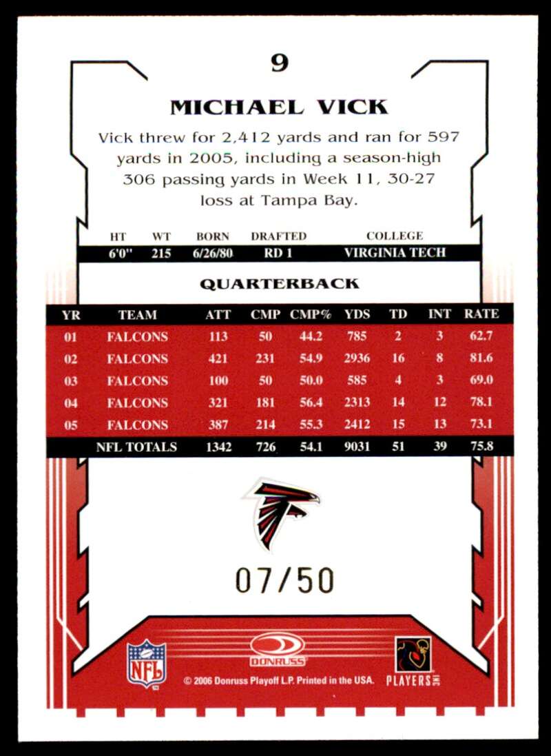 Michael Vick Card 2006 Score Select Gold #9 (7/50 jersey) Image 2