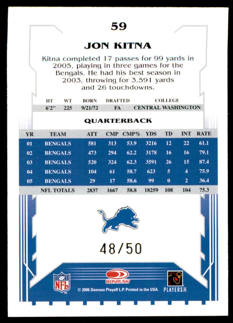 Jon Kitna Card 2006 Score Select Gold #59 Image 2