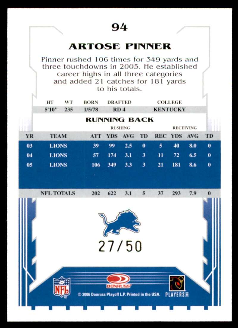 Artose Pinner Card 2006 Score Select Gold #94 Image 2