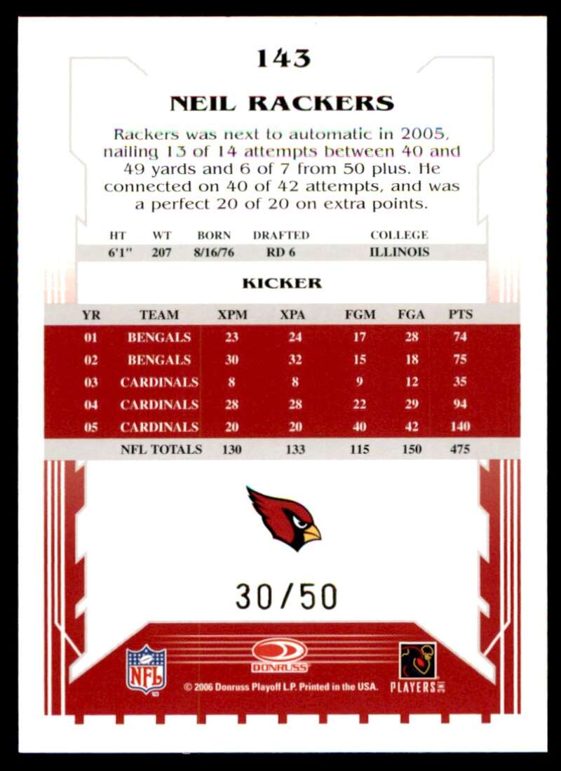 Neil Rackers Card 2006 Score Select Gold #143 Image 2