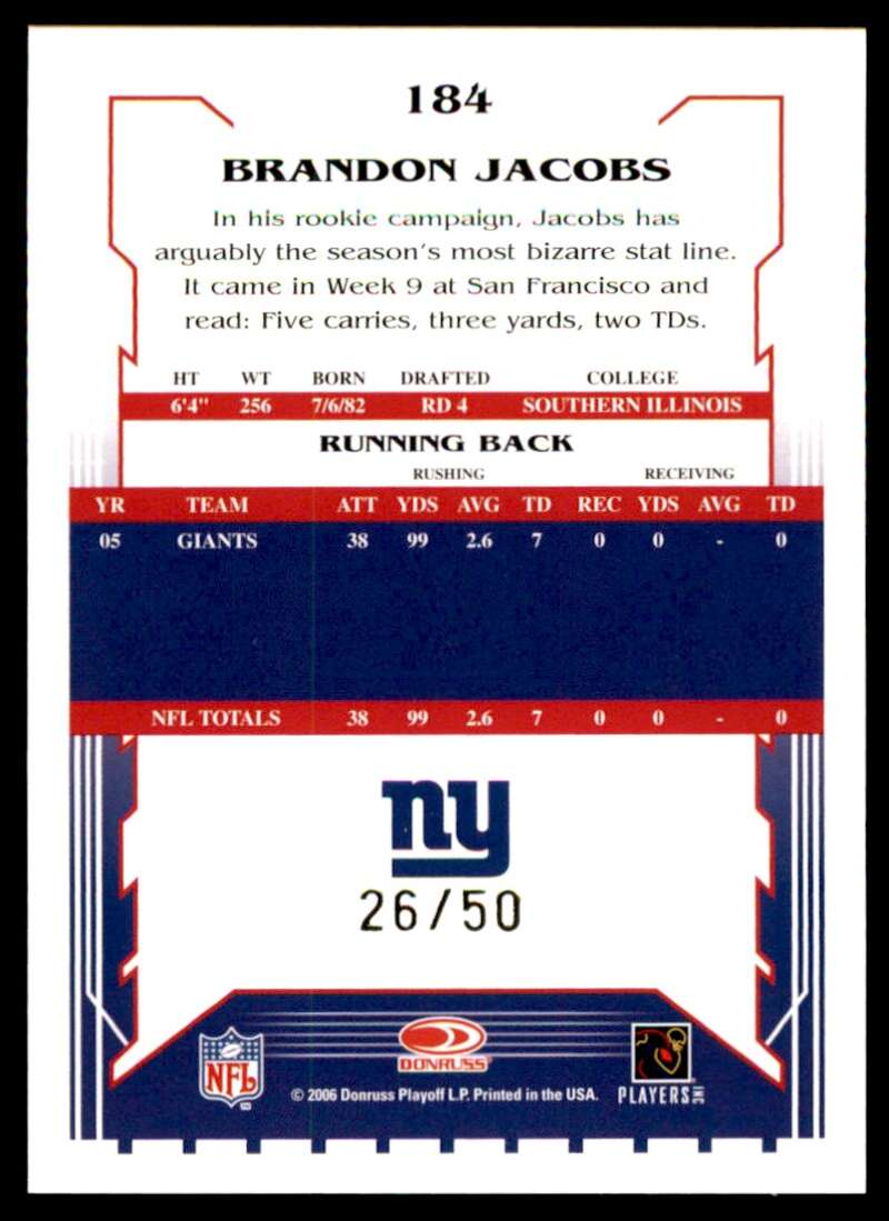 Brandon Jacobs Card 2006 Score Select Gold #184 Image 2