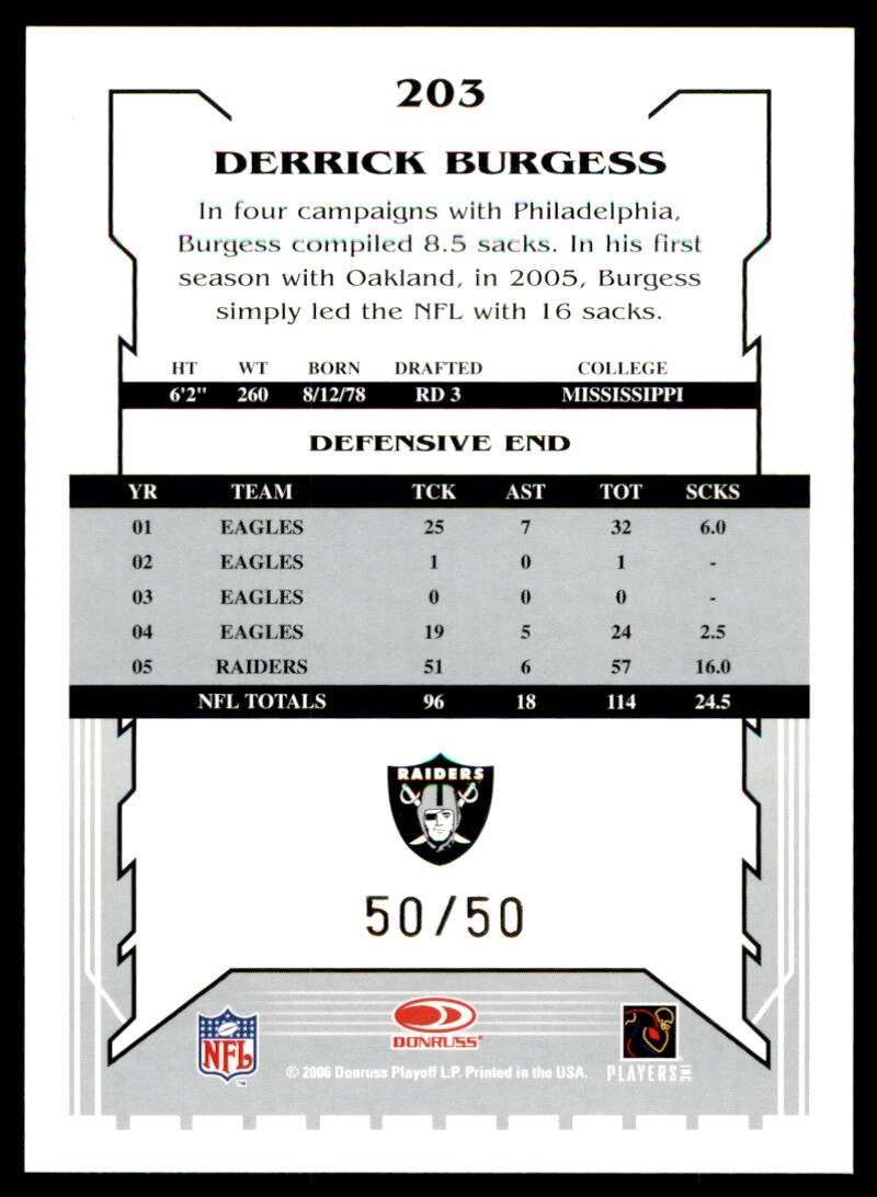 Derrick Burgess Card 2006 Score Select Gold #203 Image 2