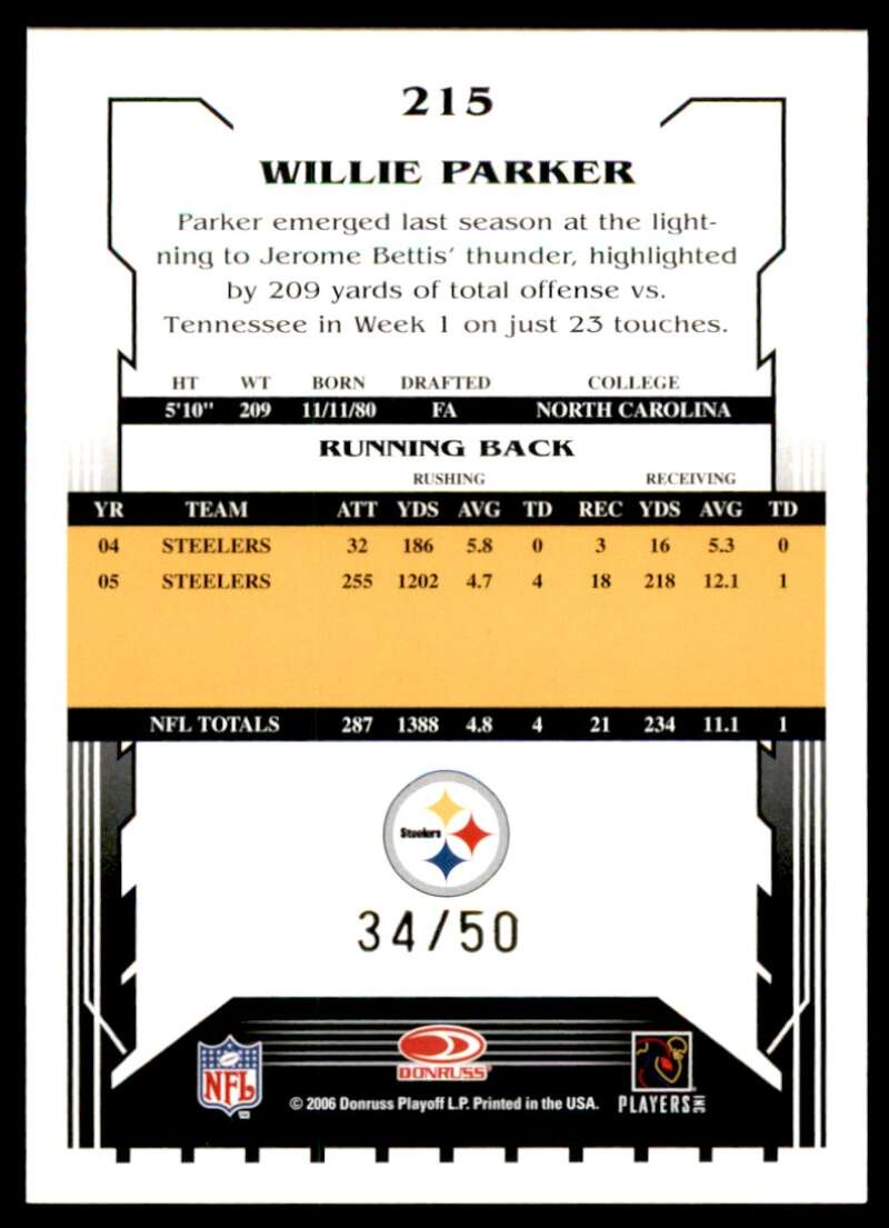Willie Parker Card 2006 Score Select Gold #215 Image 2