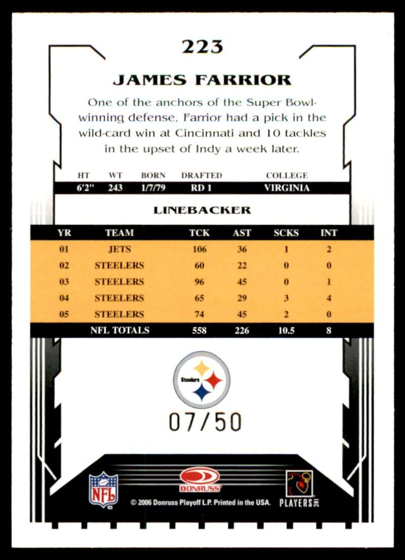 James Farrior Card 2006 Score Select Gold #223 Image 2