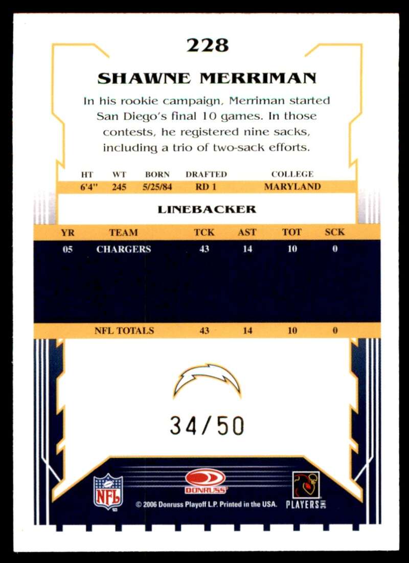 Shawne Merriman Card 2006 Score Select Gold #228 Image 2