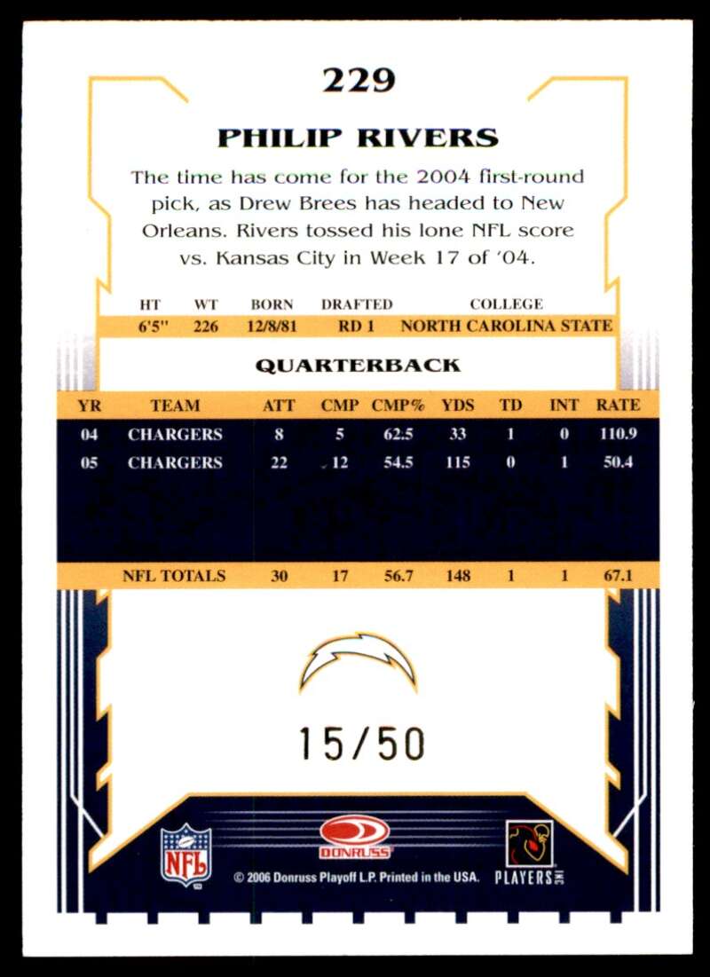 Philip Rivers Card 2006 Score Select Gold #229 Image 2
