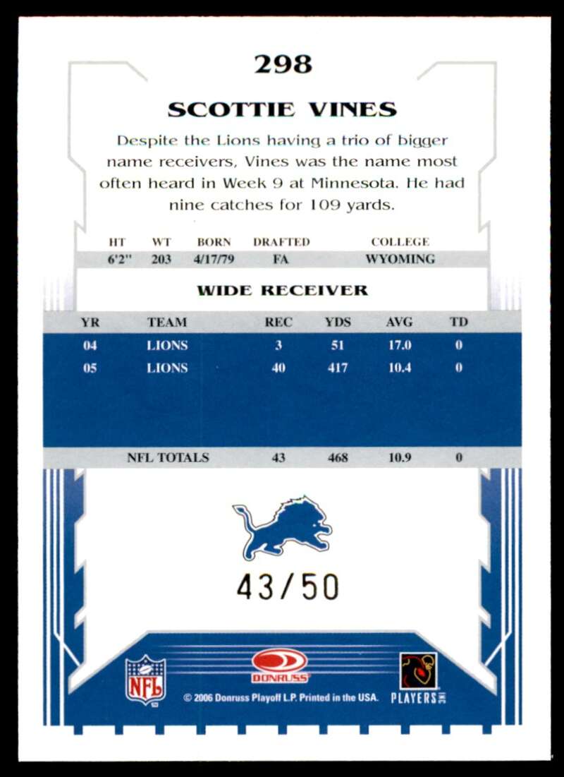 Scottie Vines Card 2006 Score Select Gold #298 Image 2