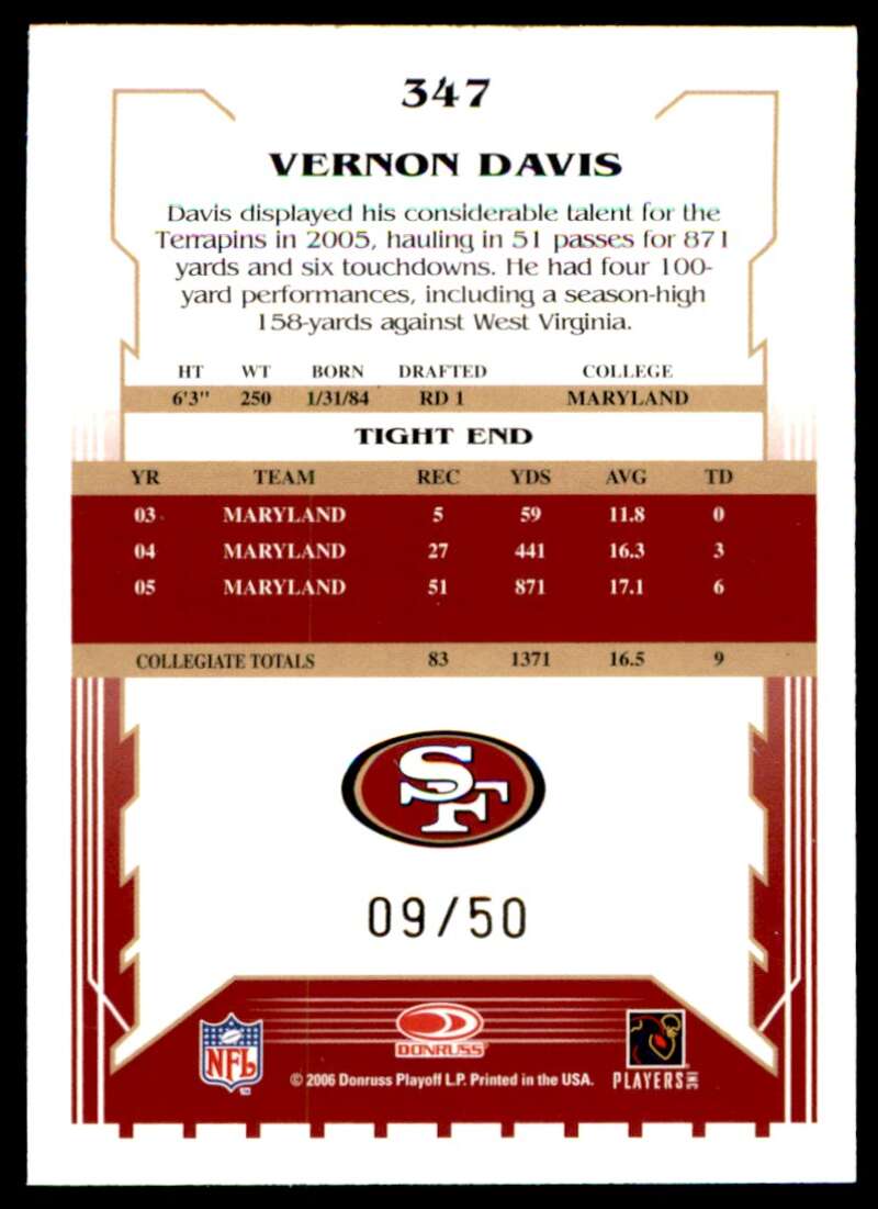 Vernon Davis Card 2006 Score Select Gold #347 Image 2