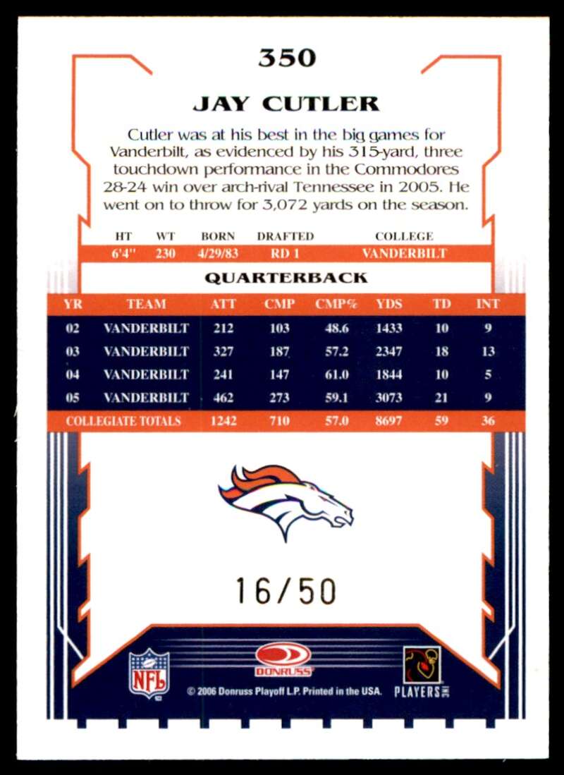 Jay Cutler Card 2006 Score Select Gold #350 Image 2