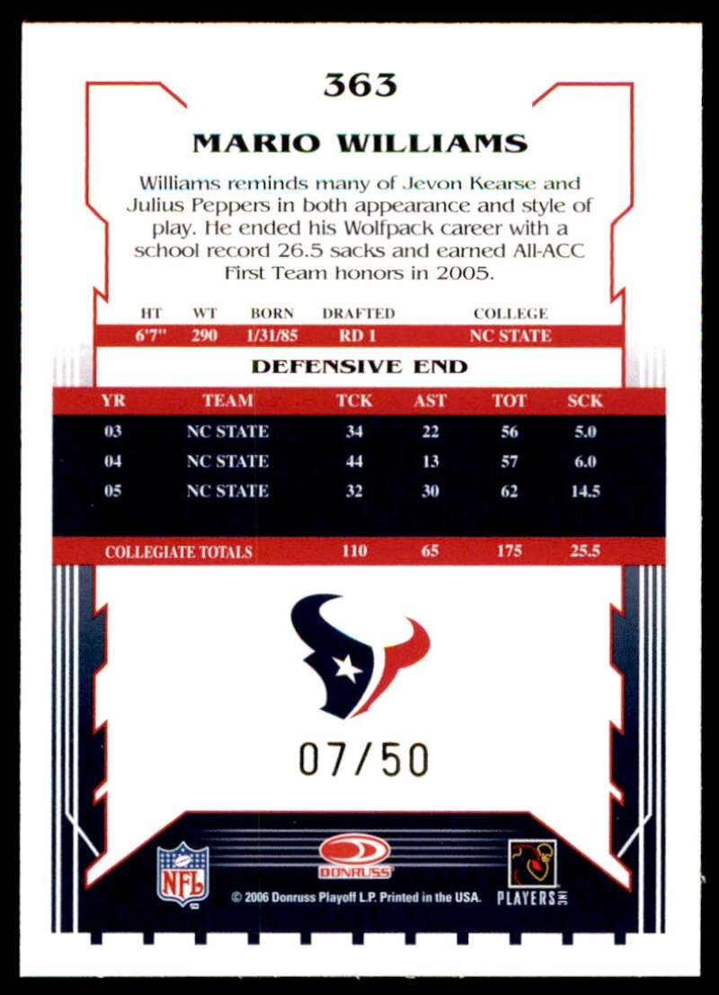 Mario Williams Card 2006 Score Select Gold #363 Image 2
