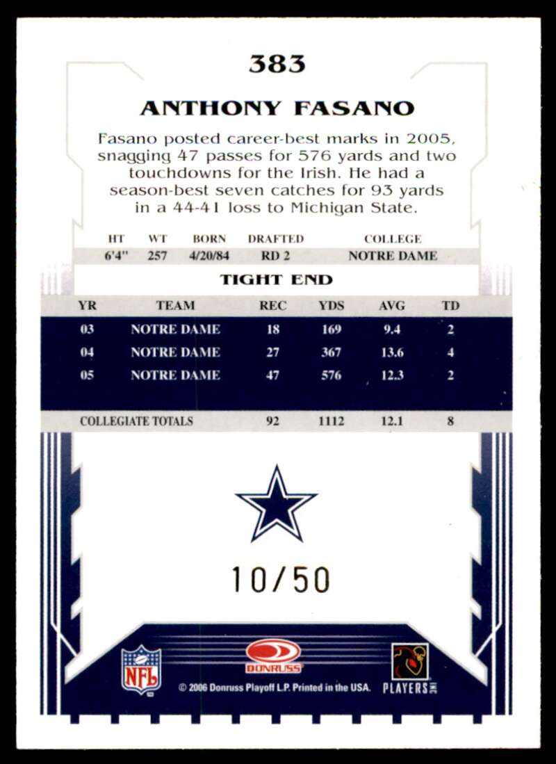 Anthony Fasano Card 2006 Score Select Gold #383 Image 2