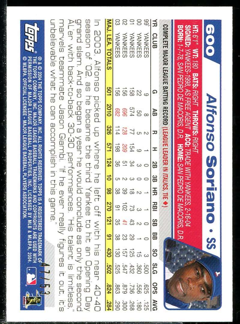 Alfonso Soriano Card 2004 Topps Black #600 Image 2