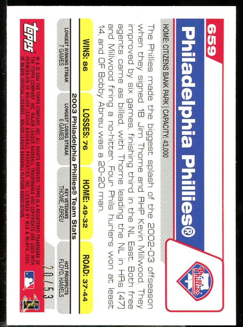 Philadelphia Phillies TC Card 2004 Topps Black #659 Image 2