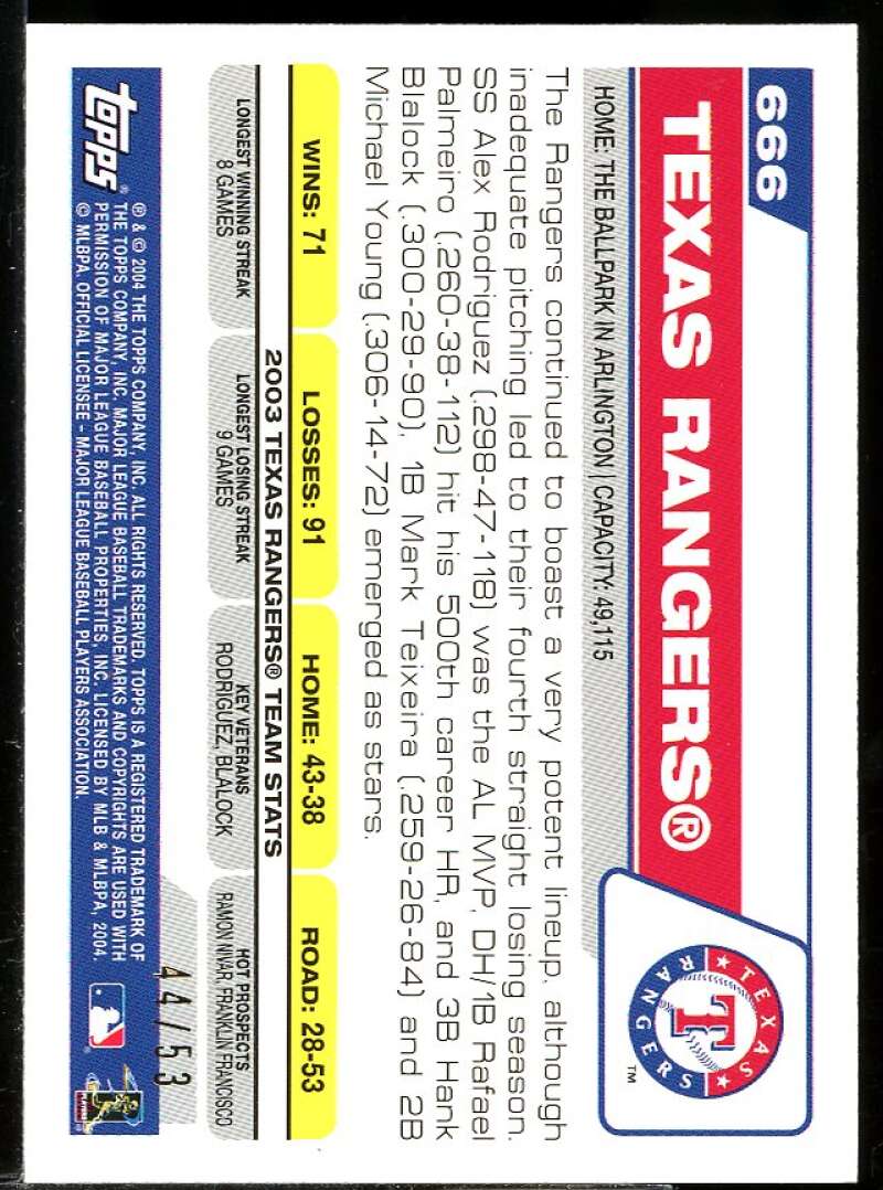 Texas Rangers TC Card 2004 Topps Black #666 Image 2