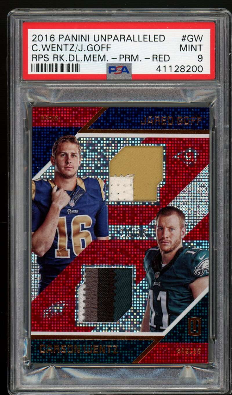 Carson Wentz / Jared Goff Rookie 2016 Panini Unparalleled Jersey Red #gw PSA 9 Image 1
