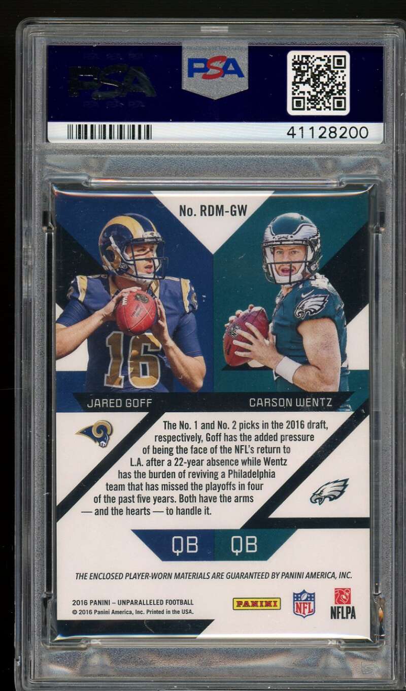 Carson Wentz / Jared Goff Rookie 2016 Panini Unparalleled Jersey Red #gw PSA 9 Image 2
