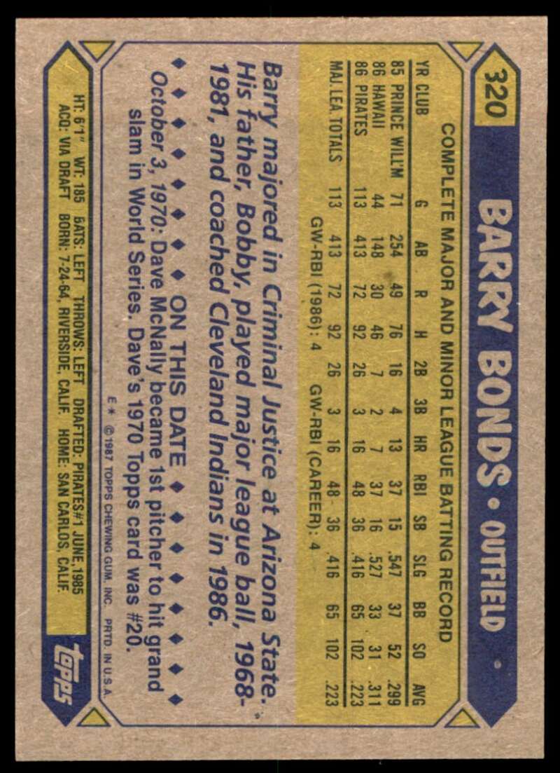 Barry Bonds Rookie Card 1987 Topps #320 Image 2