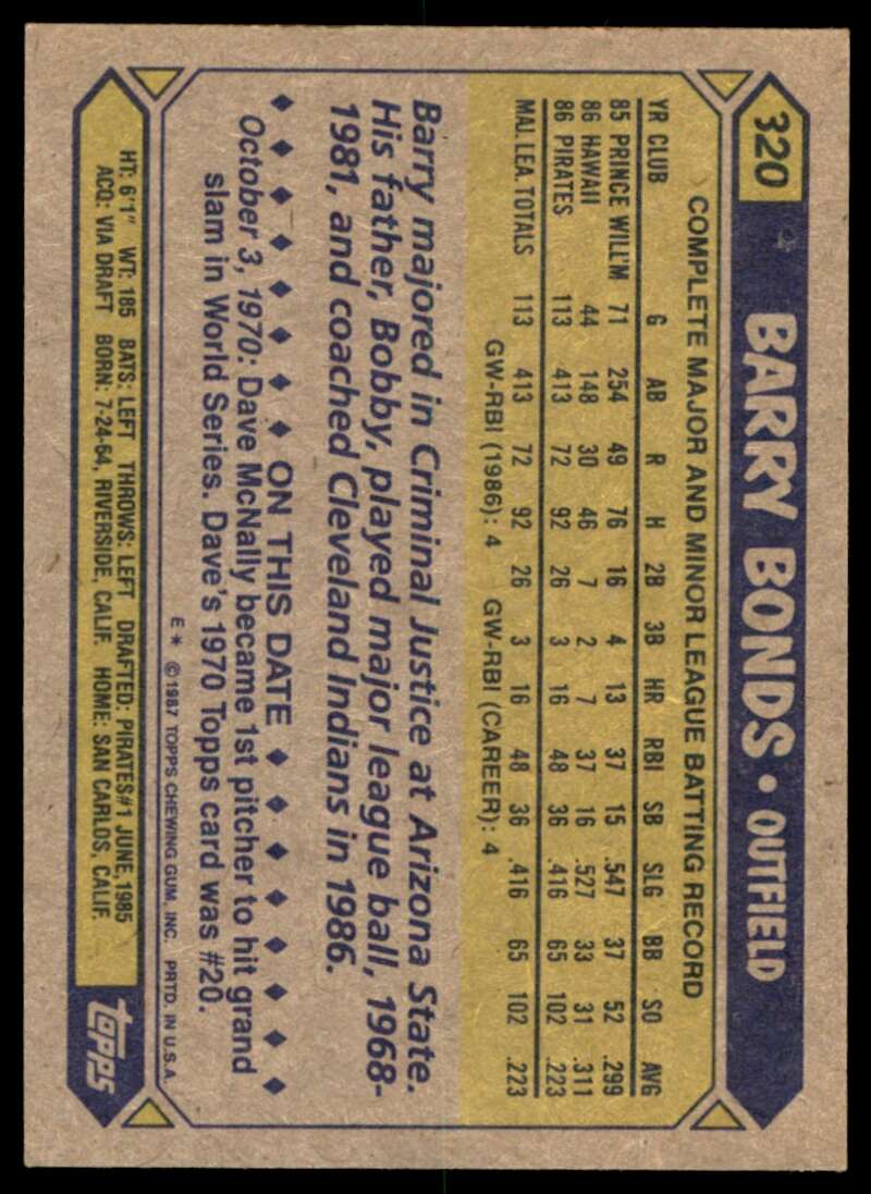 Barry Bonds Rookie Card 1987 Topps #320 Image 2