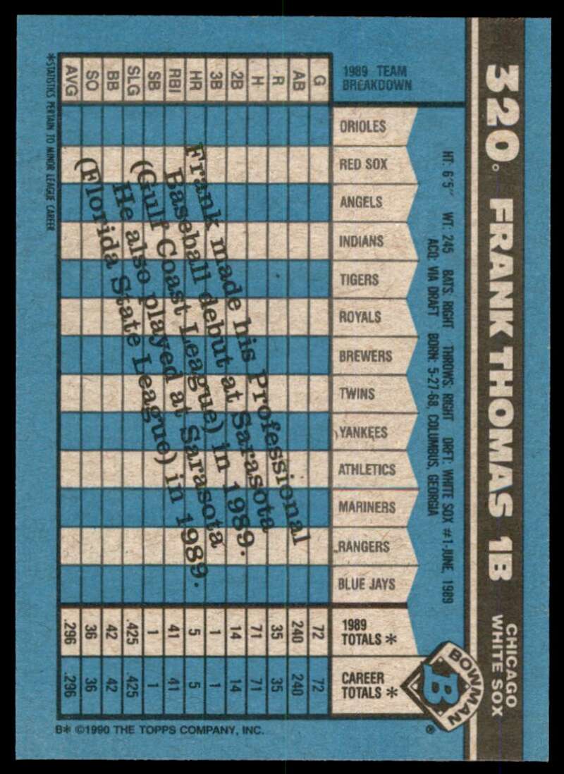Frank Thomas Rookie Card 1990 Bowman #320 Image 2