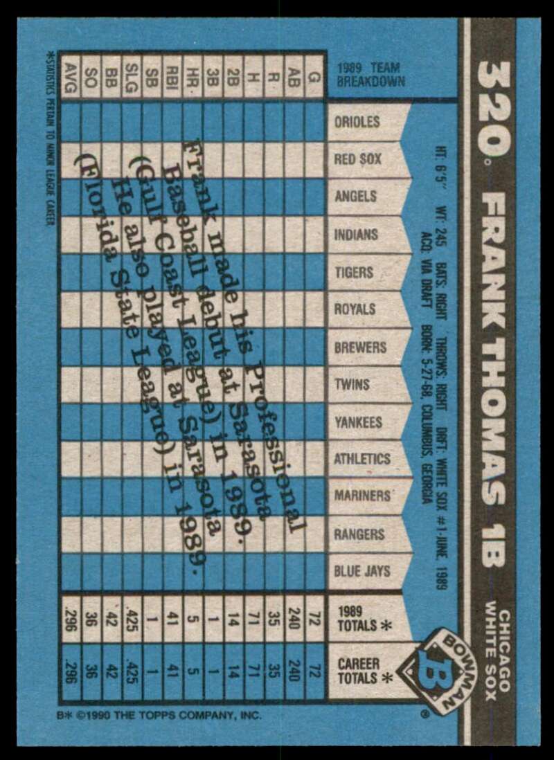 Frank Thomas Rookie Card 1990 Bowman #320 Image 2