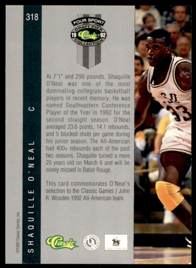 Shaquille O'neal Rookie Card 1992 Classic Four Sport #318 Image 2