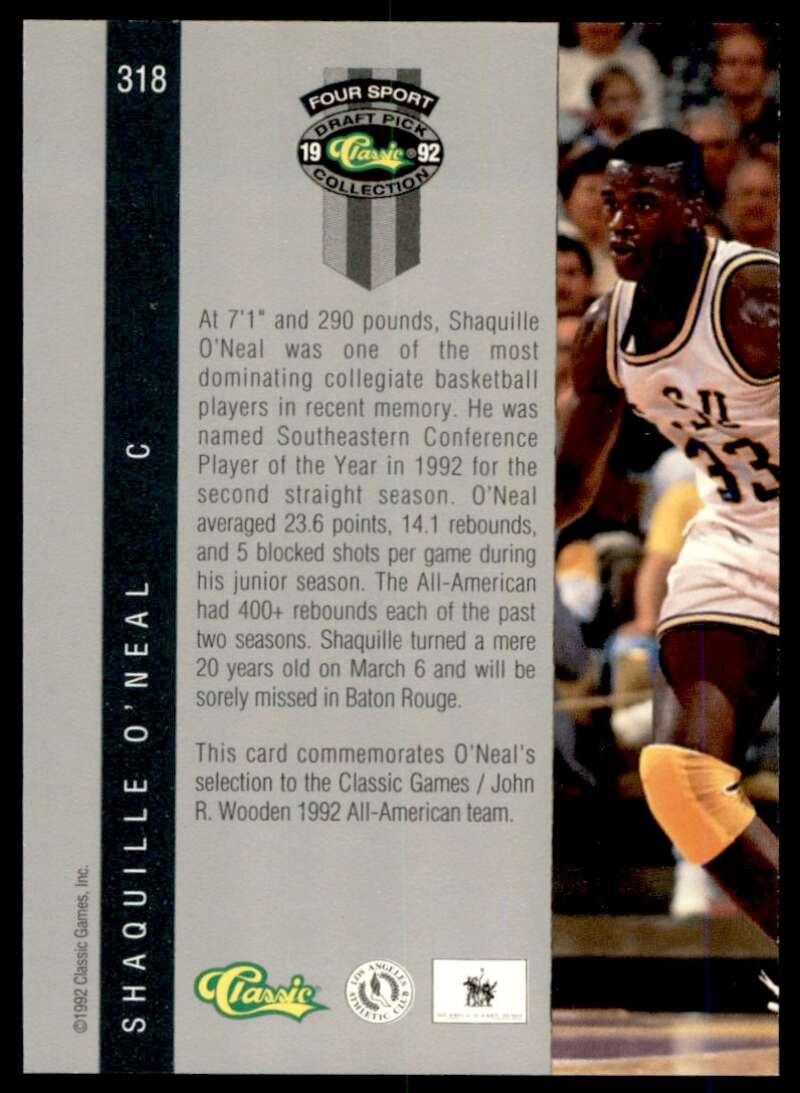 Shaquille O'neal Rookie Card 1992 Classic Four Sport #318 Image 2