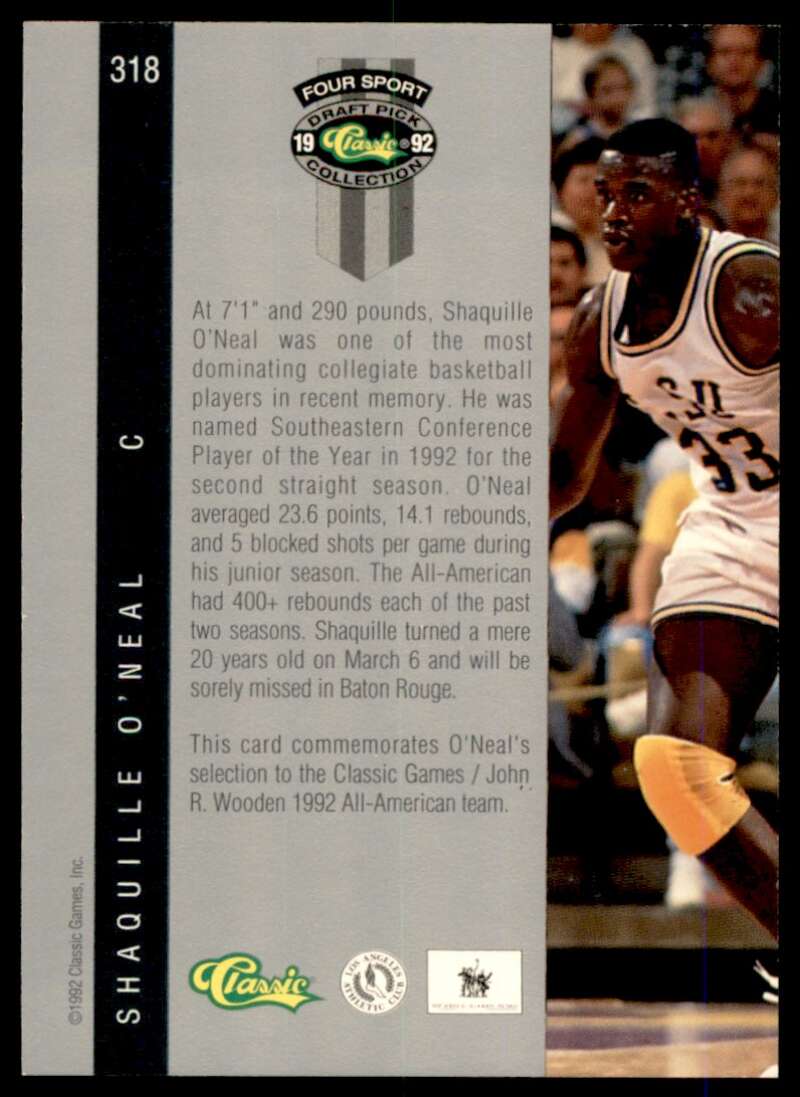 Shaquille O'neal Rookie Card 1992 Classic Four Sport #318 Image 2