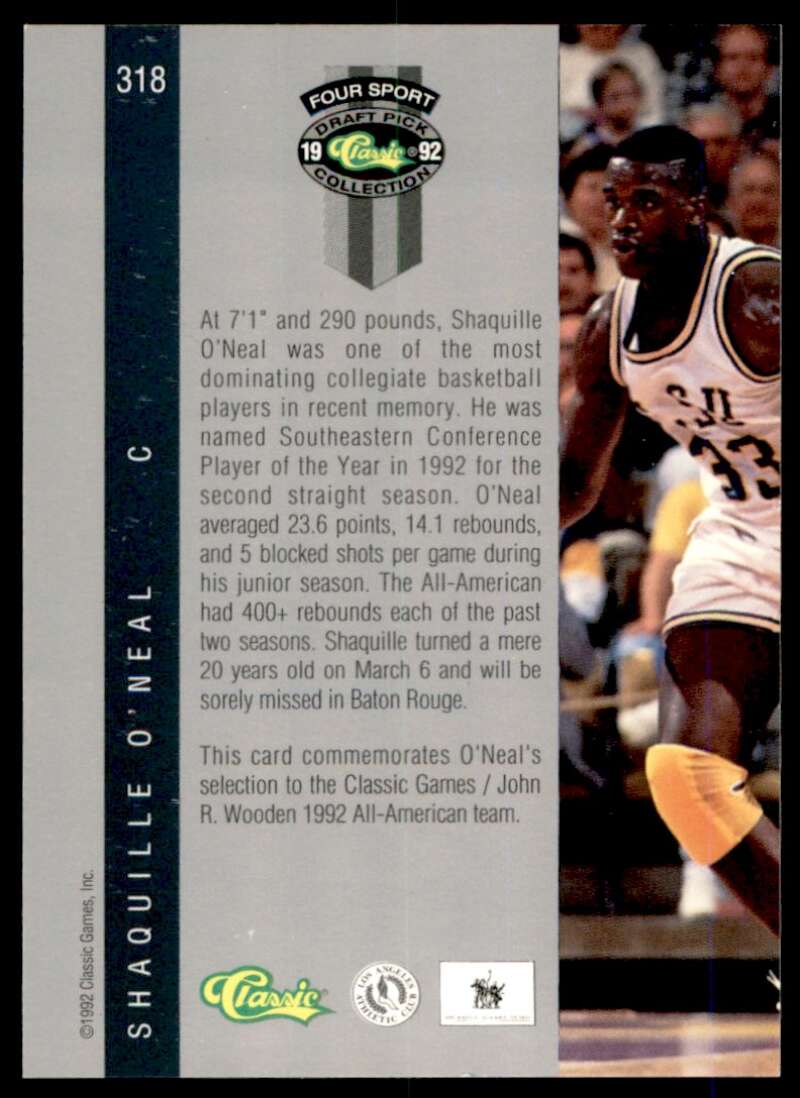 Shaquille O'neal Rookie Card 1992 Classic Four Sport #318 Image 2