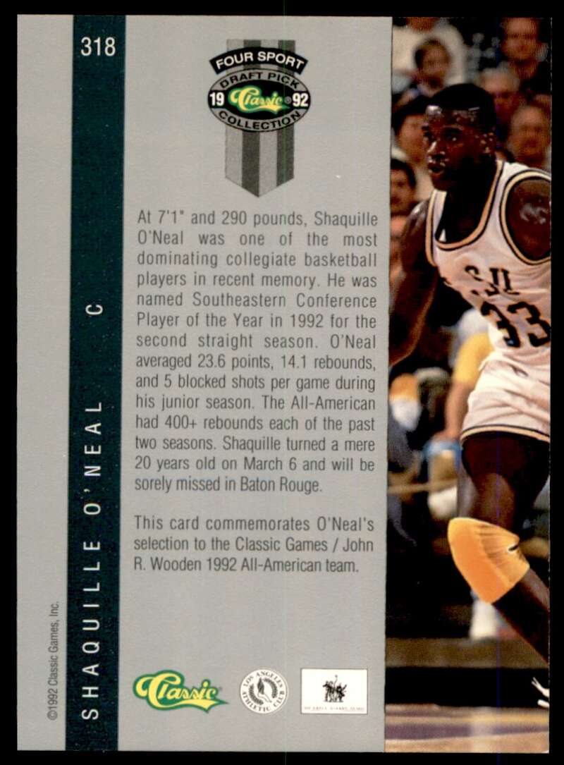 Shaquille O'neal Rookie Card 1992 Classic Four Sport #318 Image 2