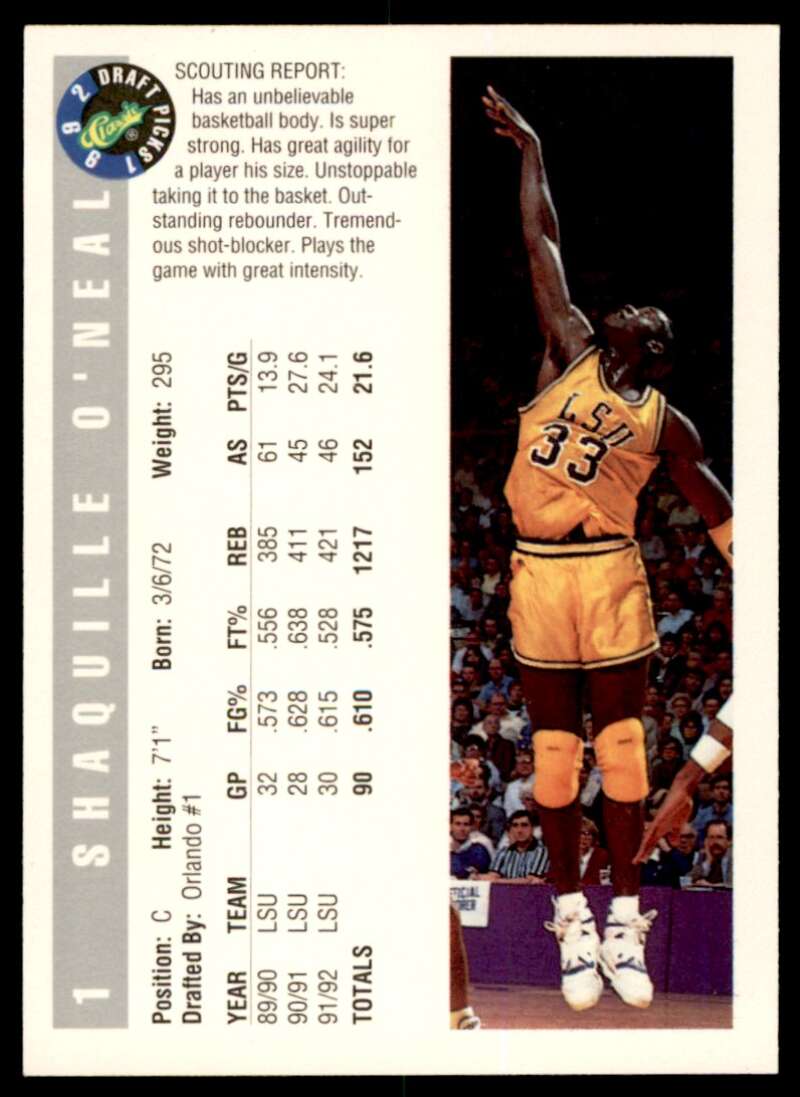 Shaquille O'neal Rookie Card 1992 Classic #1 Image 2