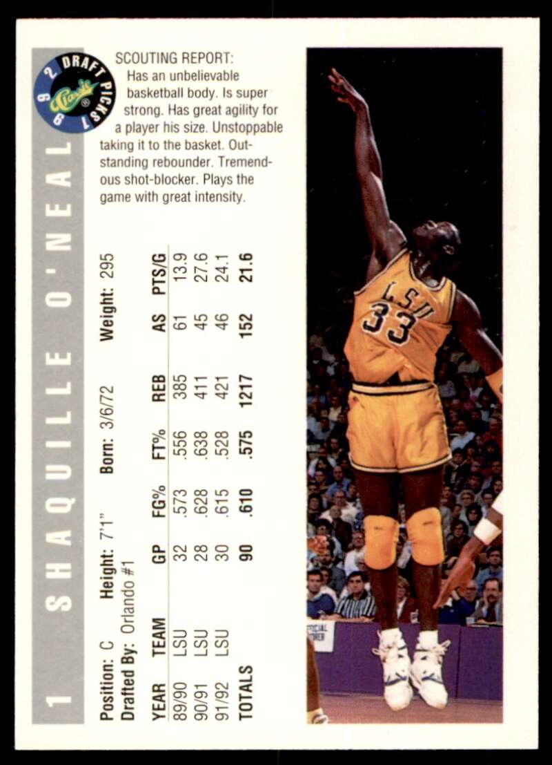 Shaquille O'neal Rookie Card 1992 Classic #1 Image 2