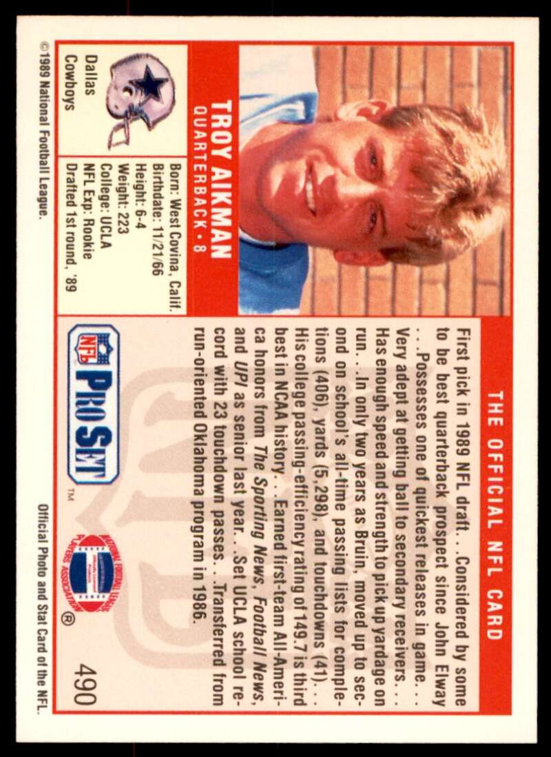Troy Aikman Rookie Card 1989 Pro Set #490 Image 2