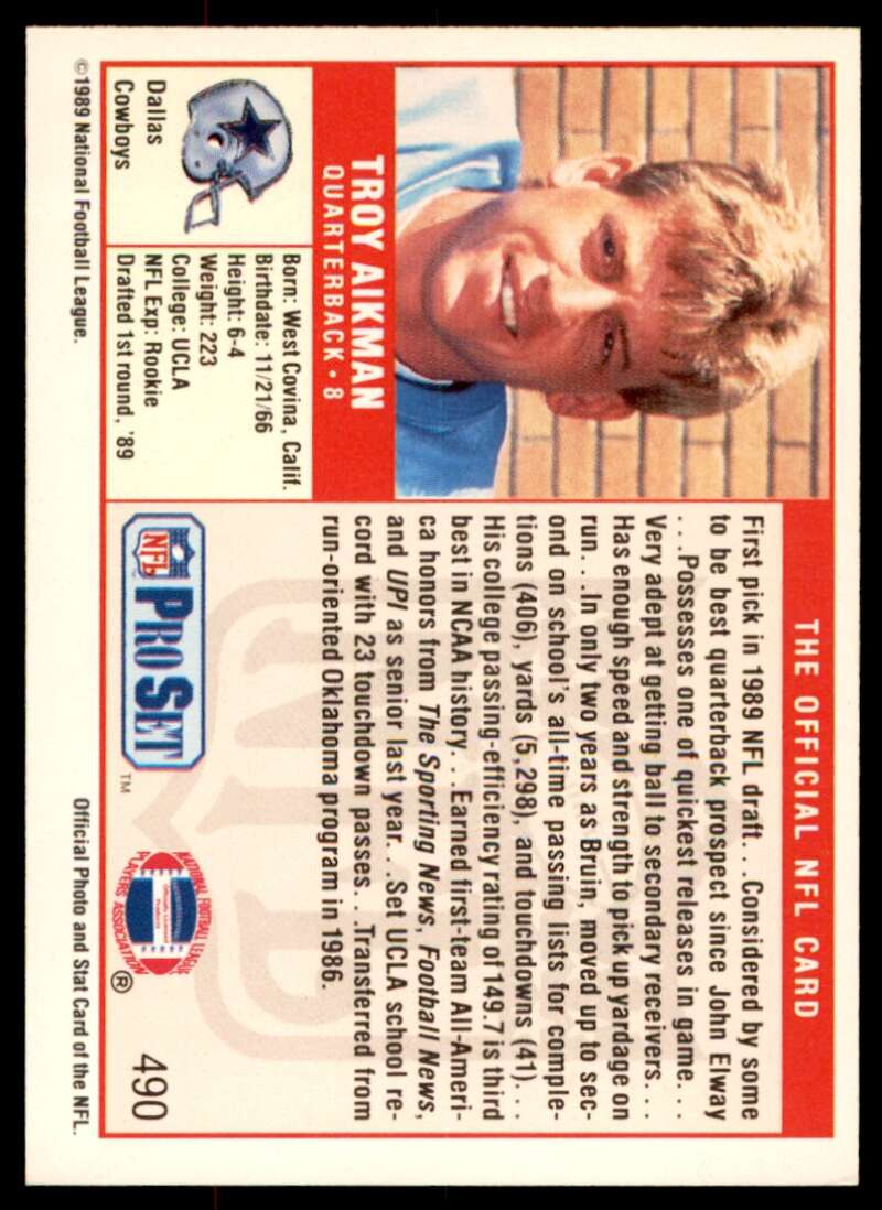 Troy Aikman Rookie Card 1989 Pro Set #490 Image 2